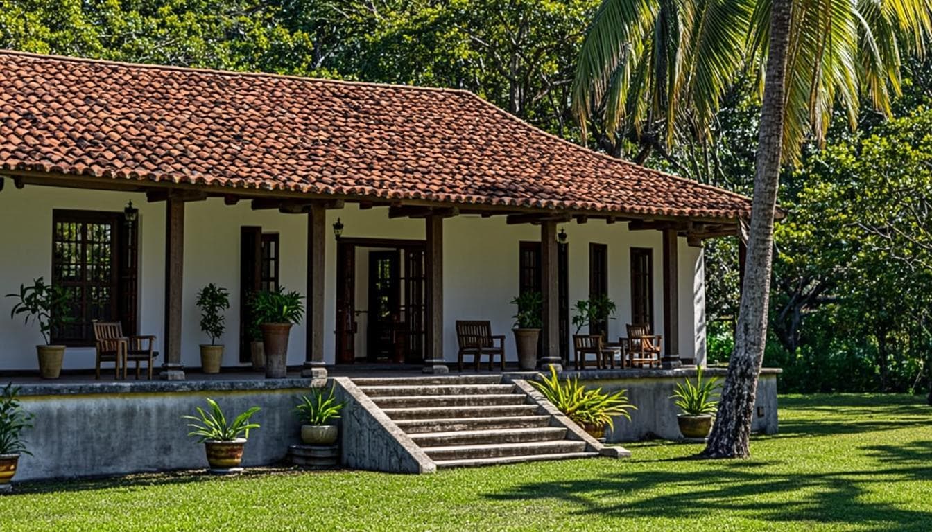 The original colonial school bungalow with its red tiled roof and veranda