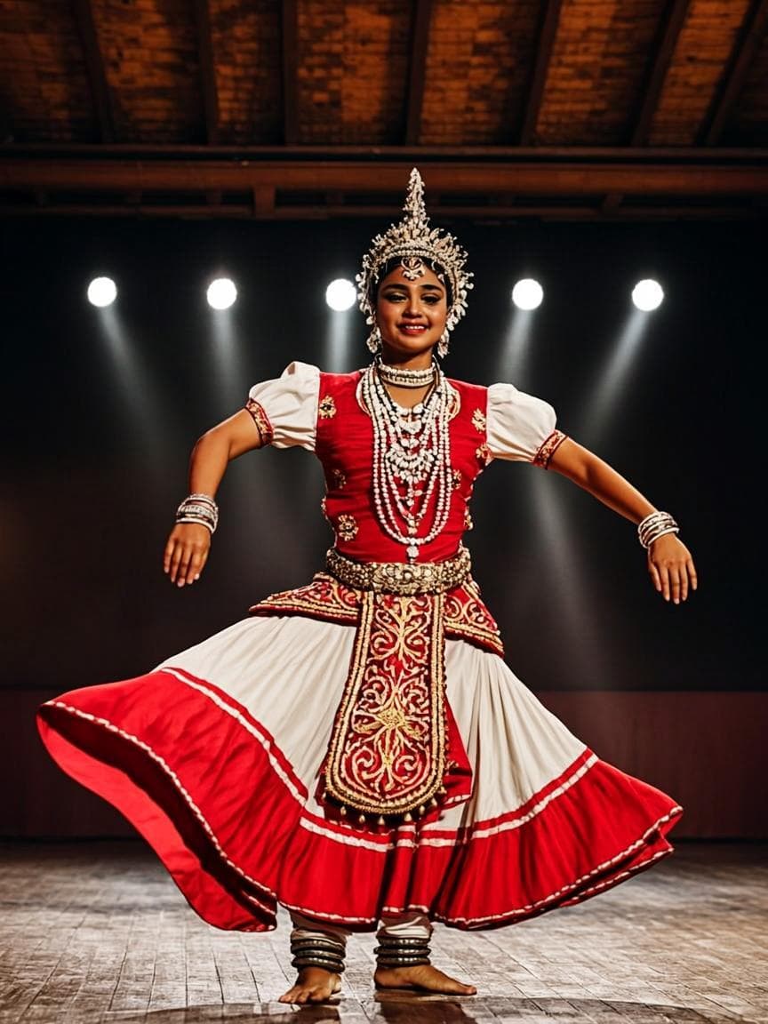 A Kandyan dancer performing in full traditional costume at the college cultural show