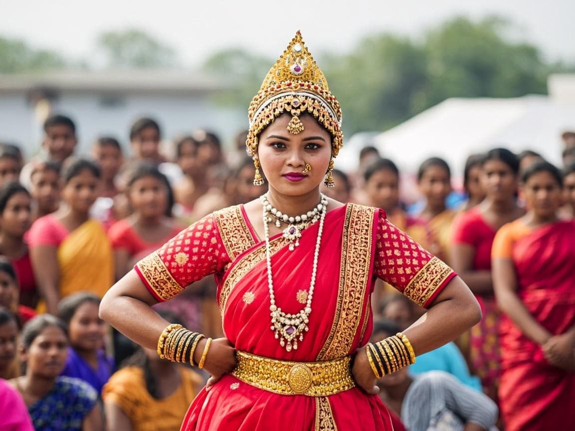 Students performing a traditional dance in bright red costumes