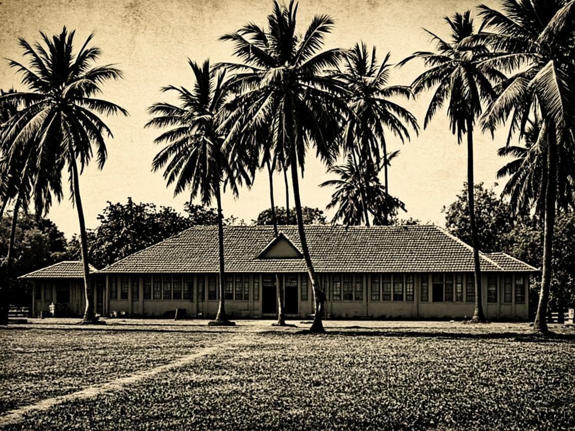 Archival photograph of the junior school among coconut palms, 1946