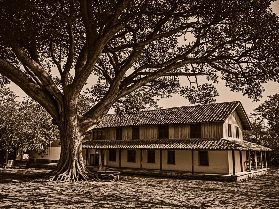 Archival photograph of the first school buildings beneath a giant rain tree, 1904